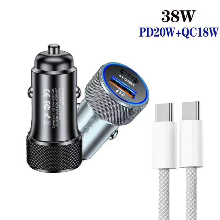 P19 Metal PD20W USB-C + QC18W USB Car Charger with USB-C to USB-C Date Cable for iPhone 15 series, USB-C to USB-C Date Cable
