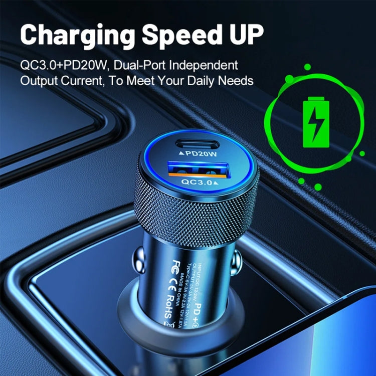 P19 Metal PD20W USB-C + QC18W USB Car Charger with USB-C to USB-C Date Cable for iPhone 15 series, USB-C to USB-C Date Cable
