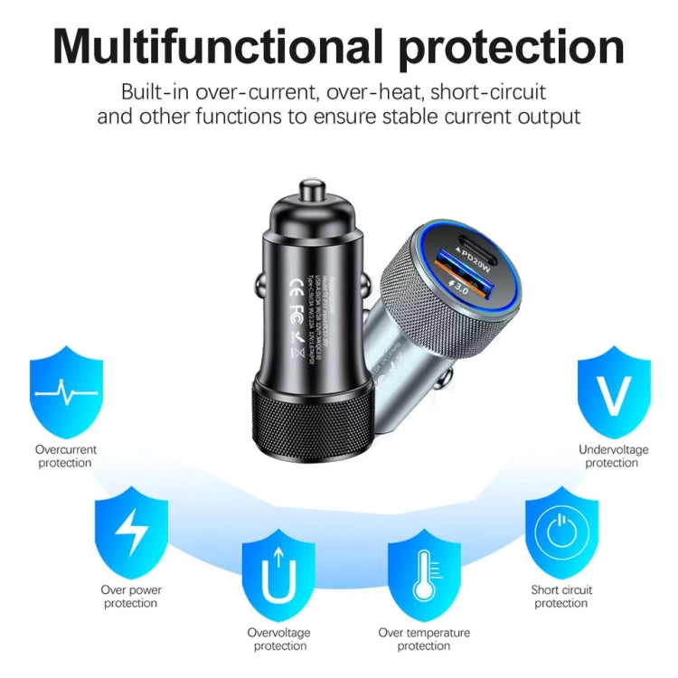 P19 Metal PD20W USB-C + QC18W USB Car Charger with USB-C to USB-C Date Cable for iPhone 15 series, USB-C to USB-C Date Cable