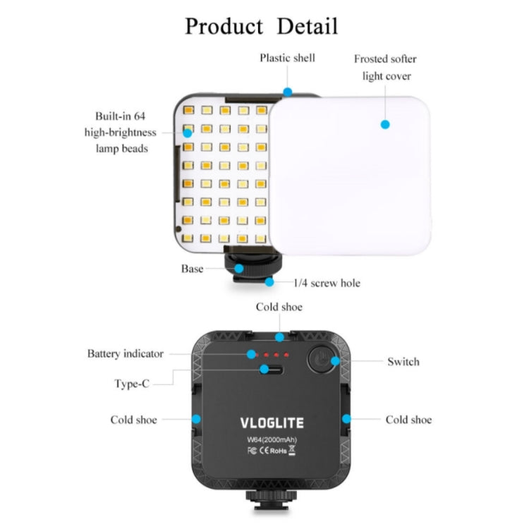 VLOGLITE W64 For Live Broadcast / Video Conference Dimmable LED Fill Light, W64