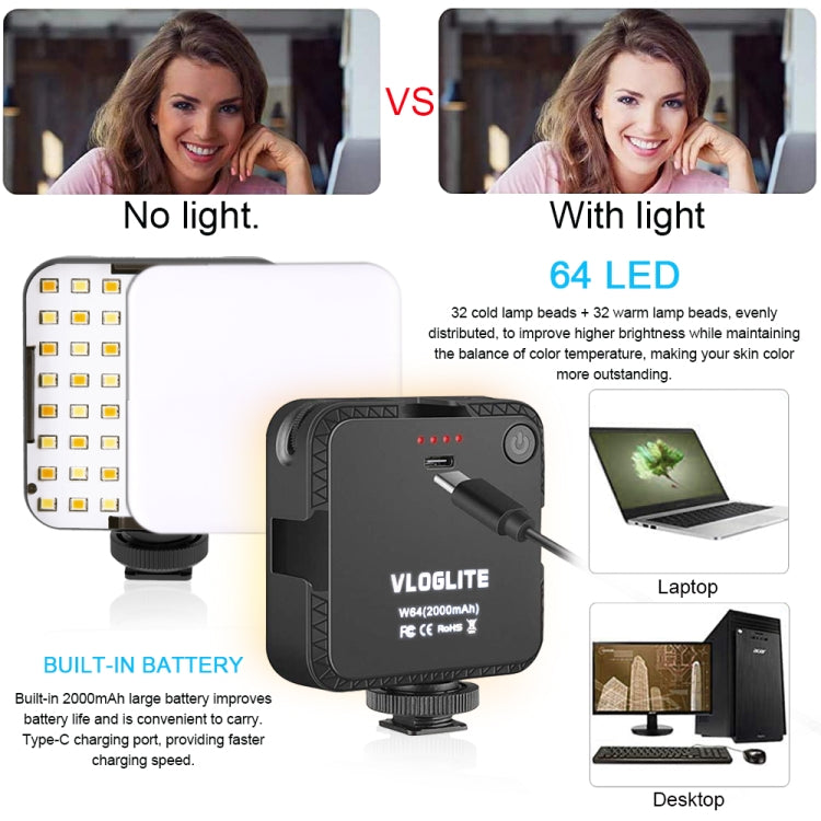 VLOGLITE W64 For Live Broadcast / Video Conference Dimmable LED Fill Light, W64