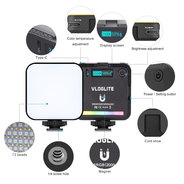 VLOGLITE W64RGB Dimmable RGB LED Pocket Fill Light 20 Modes Live Broadcast Video Light, W64RGB
