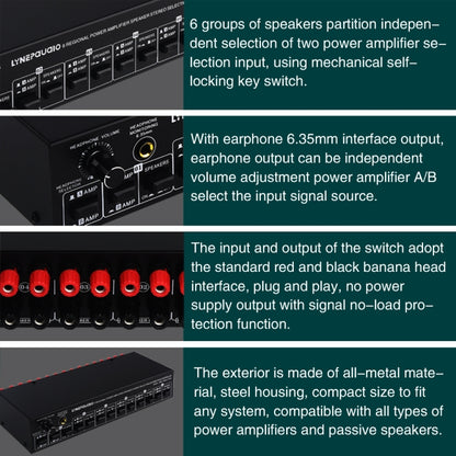 2 In 6 Out Power Amplifier Speaker Selector 6 Region Stereo Speaker Switcher, 2 In 6 Out