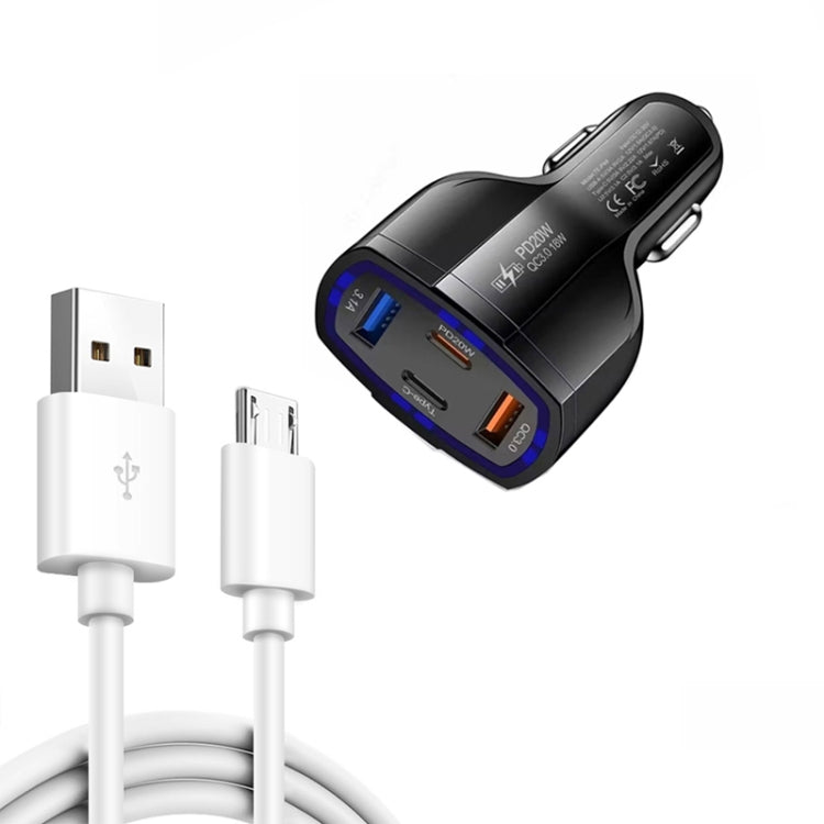 P49 53W PD20W Type-C + USB 4-port Car Charger with USB to Micro USB Data Cable, USB to Micro USB Data Cable