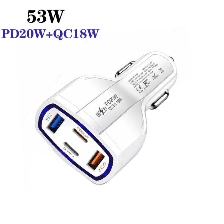 P49 53W PD20W Type-C + USB 4-port Car Charger with USB to Type-C Data Cable, USB to Type-C Data Cable