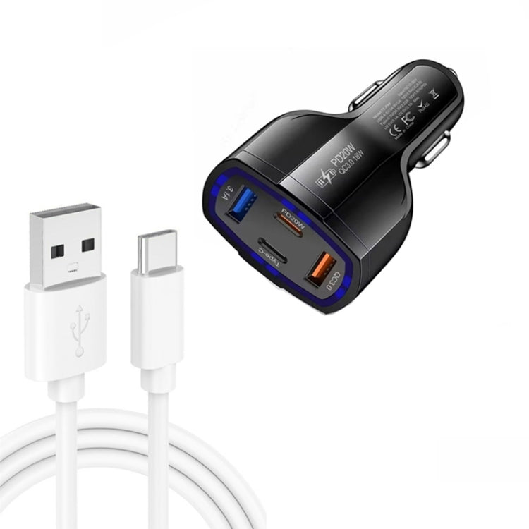 P49 53W PD20W Type-C + USB 4-port Car Charger with USB to Type-C Data Cable, USB to Type-C Data Cable