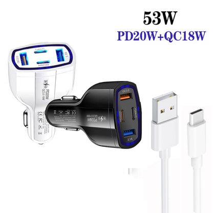 P49 53W PD20W Type-C + USB 4-port Car Charger with USB to Type-C Data Cable, USB to Type-C Data Cable