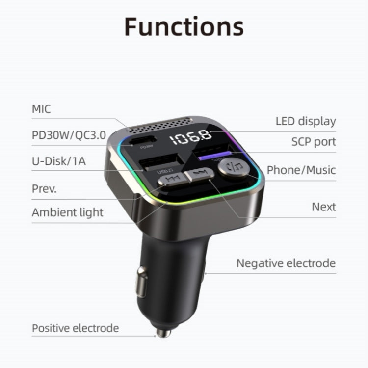C54 PD 30W Dual USB Car Charger Alloy Car Bluetooth Adapter FM Transmitter MP3 Player, C54