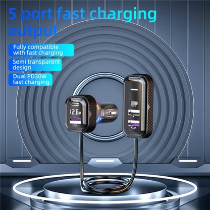 YQ6 PD 30W Fast Charging 2 x Type-C + 3 x USB Car Charger with 1.5m Extension Cable, YQ6