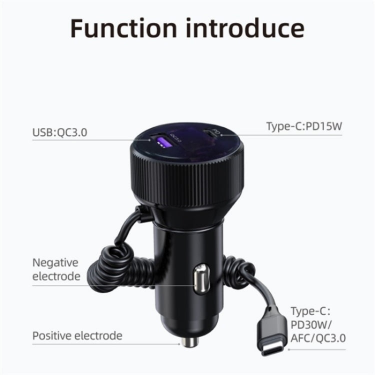 K18A PD 30W Retractable Type-C Cable USB+Type-C Dual Port Aluminum Alloy Car Charger, K18A