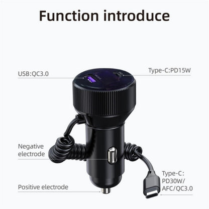 K18A PD 30W Retractable Type-C Cable USB+Type-C Dual Port Aluminum Alloy Car Charger, K18A