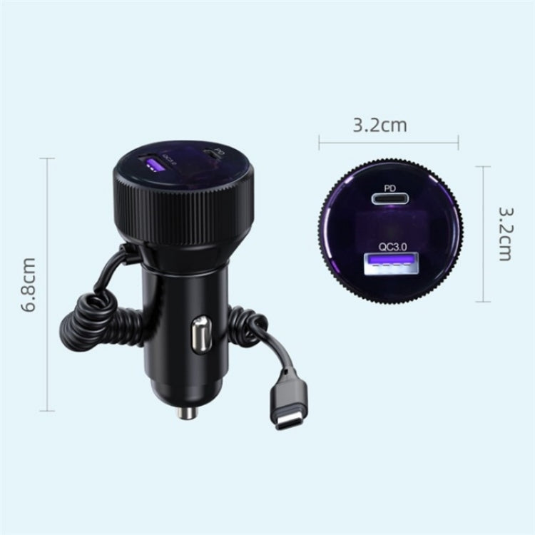 K18A PD 30W Retractable Type-C Cable USB+Type-C Dual Port Aluminum Alloy Car Charger, K18A