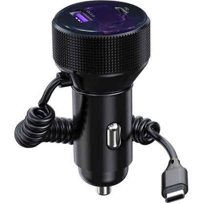 K18B 12-24V Car Charger USB+Type-C Dual Port Charging Adapter with PD 30W Type-C Spring Cable, K18B