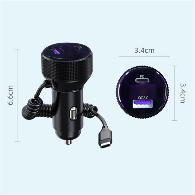 K18B 12-24V Car Charger USB+Type-C Dual Port Charging Adapter with PD 30W Type-C Spring Cable, K18B