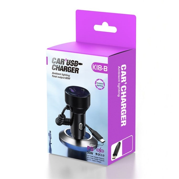 K18B 12-24V Car Charger USB+Type-C Dual Port Charging Adapter with PD 30W Type-C Spring Cable, K18B