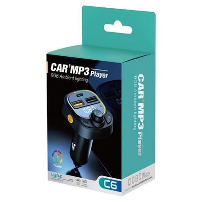 C6 Type-C+2 USB Fast Charger Audio MP3 Player Digital Display FM Car Bluetooth Transmitter, C6
