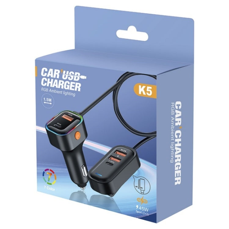 K5 3 USB Fast Charging Car Charger 66W Extension Cord Design 5 Ports Charging Adapter