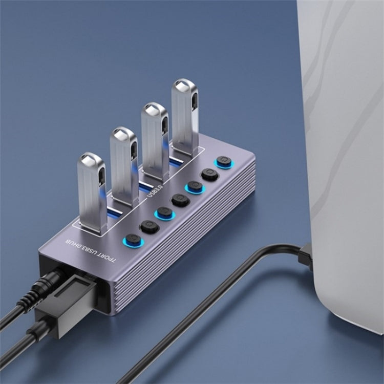 U307 Aluminum Alloy 7-Ports Splitter 5Gbps High Speed USB 3.0 Hub with Independent Switch, U307