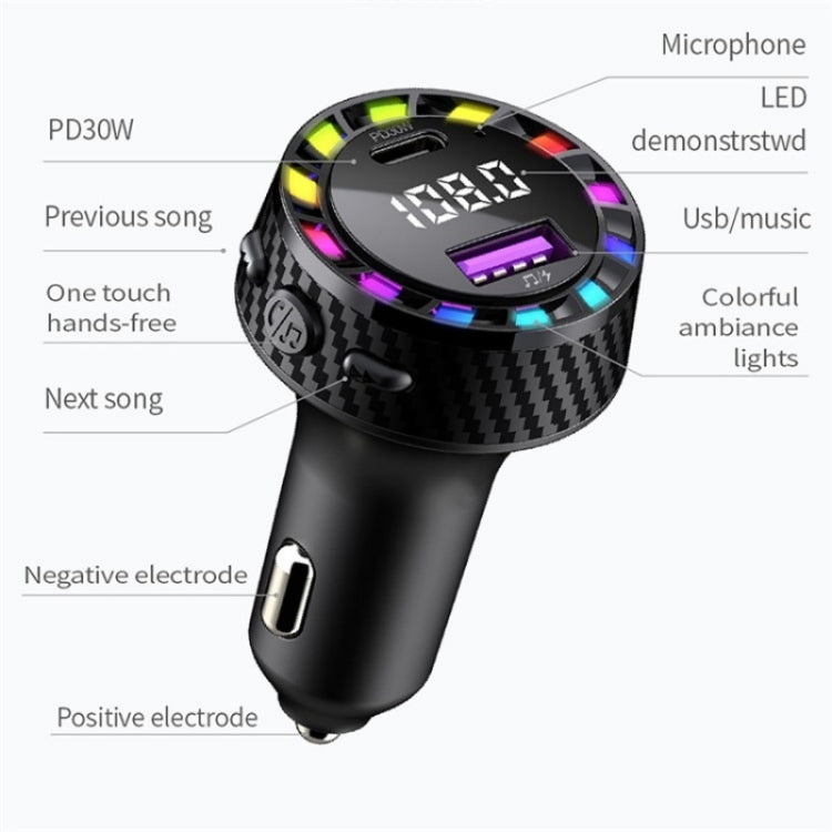 C55 With Breathing Light Bluetooth FM Transmitter USB+Type-C Car Fast Charger, C55