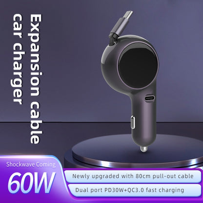 K2 With 60W Type-C Retractable Cable Type-C Port Phone Fast Charging Adapter Car Charger
