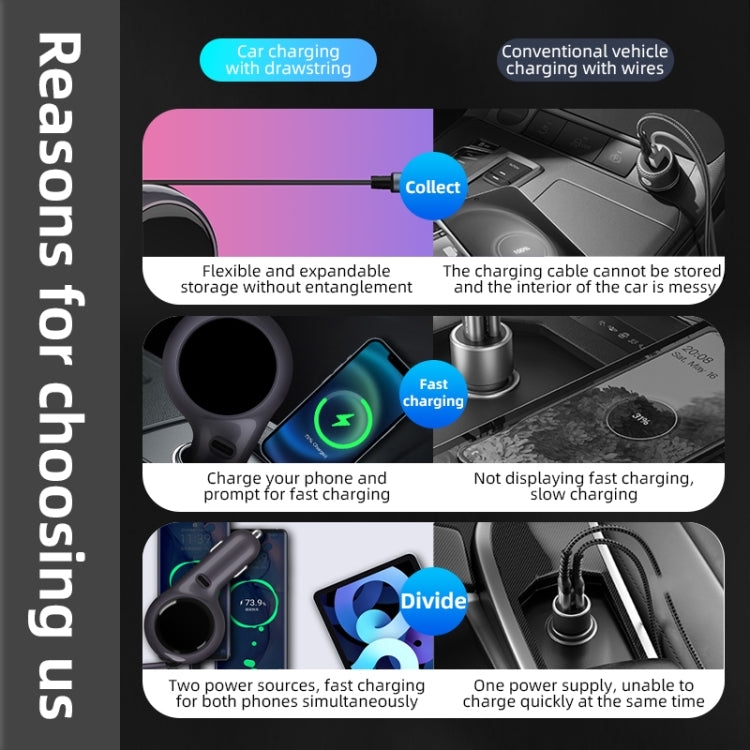 K2 With 60W Type-C Retractable Cable Type-C Port Phone Fast Charging Adapter Car Charger