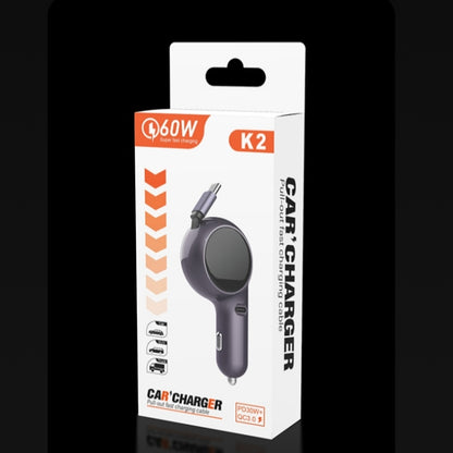 K2 With 60W Type-C Retractable Cable Type-C Port Phone Fast Charging Adapter Car Charger