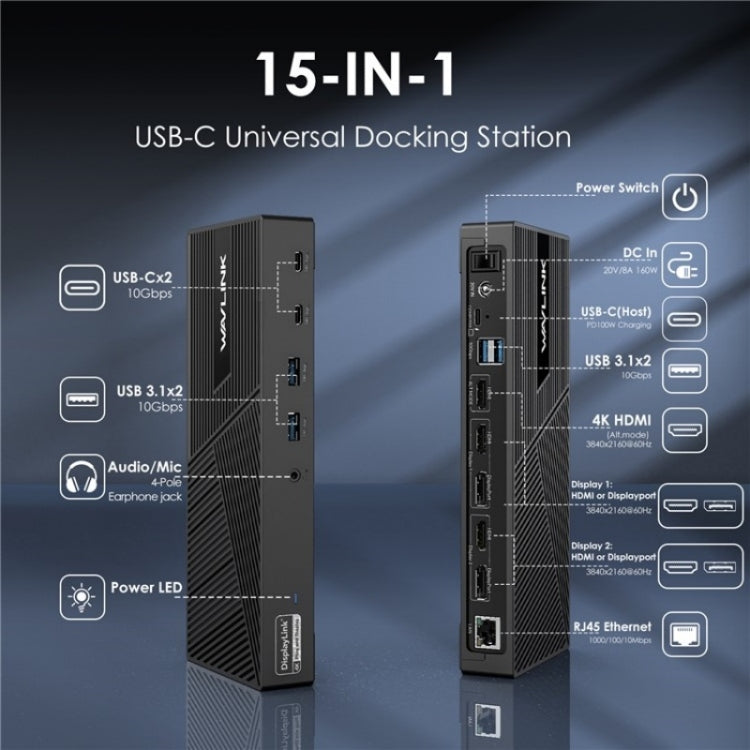 WAVLINK UG69PD25 Pro 100W PD Charging Triple 4K Display Laptop Docking Station, US Plug, EU Plug, UK Plug, AU Plug