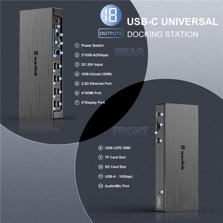 WAVLINK UG69PD8 Pro 18-in-1 DP / HD 5K Quadruple Display USB C Universal Docking Station, US Plug, EU Plug, UK Plug, AU Plug