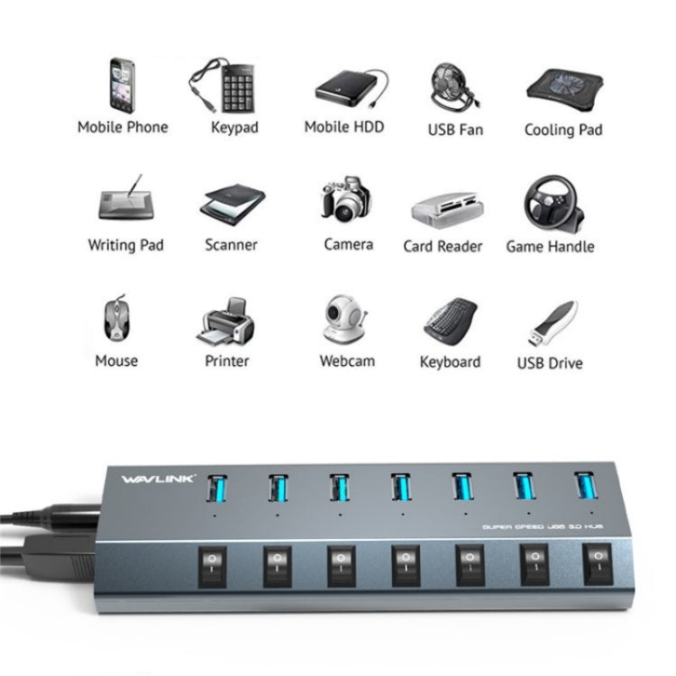 WAVLINK UH3076 5Gbps 7-port USB 3.0 Hub with Independent Switch and LED Indicator, UH3076