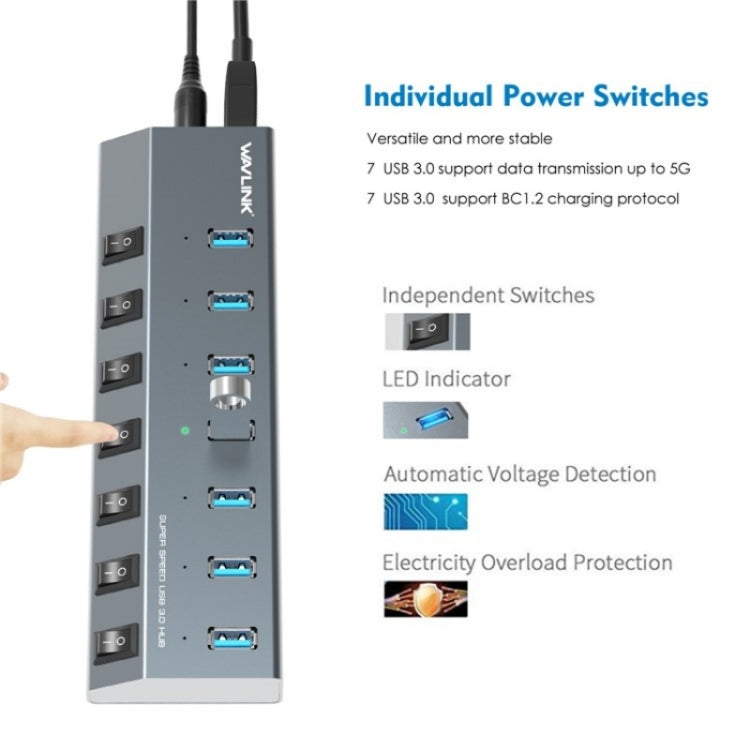 WAVLINK UH3076 5Gbps 7-port USB 3.0 Hub with Independent Switch and LED Indicator, UH3076