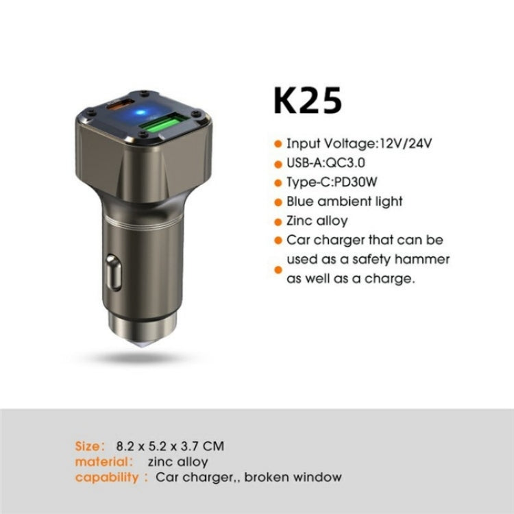 K25 Fast Charging Metal Window Breaker Car Charger Adapter PD 30W Super Charger, K25
