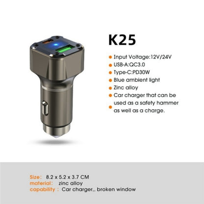 K25 Fast Charging Metal Window Breaker Car Charger Adapter PD 30W Super Charger, K25