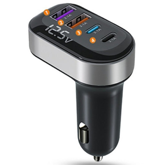 K33 With Voltage Display USB-A and Type-C 4-Port Car Charger Fast Charging Adapter, K33