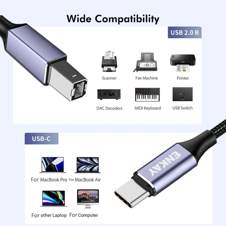 ENKAY ENK-CB170 USB C / Type-C to USB 2.0 B Printer Scanner Nylon Braided Cable, 0.5m, 1m, 2m