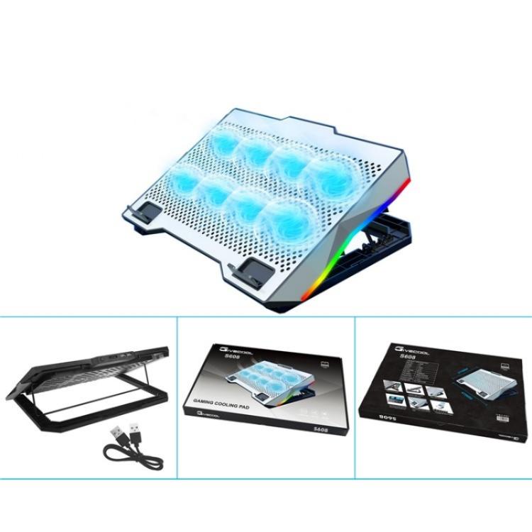 S608 RGB Light 8 Silent Fans Adjustable Height Stand Laptop Cooling Pad with Phone Holder, S608