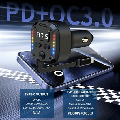 C69 PD 30W Fast Charger FM Transmitter Bluetooth Car Charger with Type-C Extendable Cable, C69