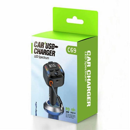 C69 PD 30W Fast Charger FM Transmitter Bluetooth Car Charger with Type-C Extendable Cable, C69