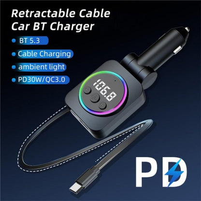 C76 Retractable Cable PD 30W Car Charger Cigarette Lighter Adapter Bluetooth FM Transmitter, C76