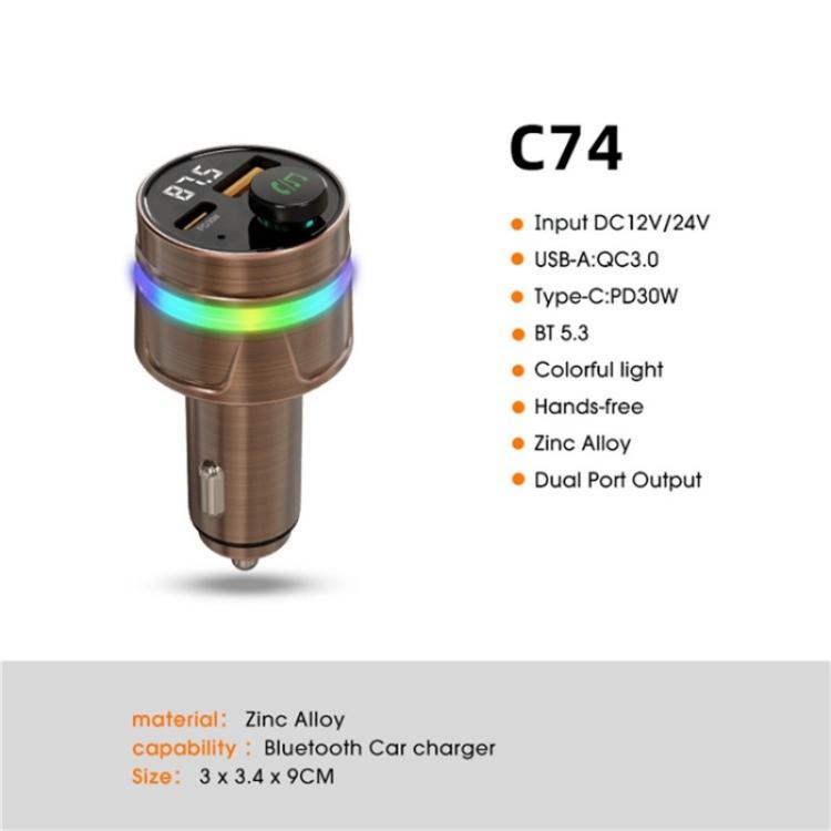 C74 Bluetooth 5.3 Car Charger PD 30W Fast Charging  with Digital Display, C74