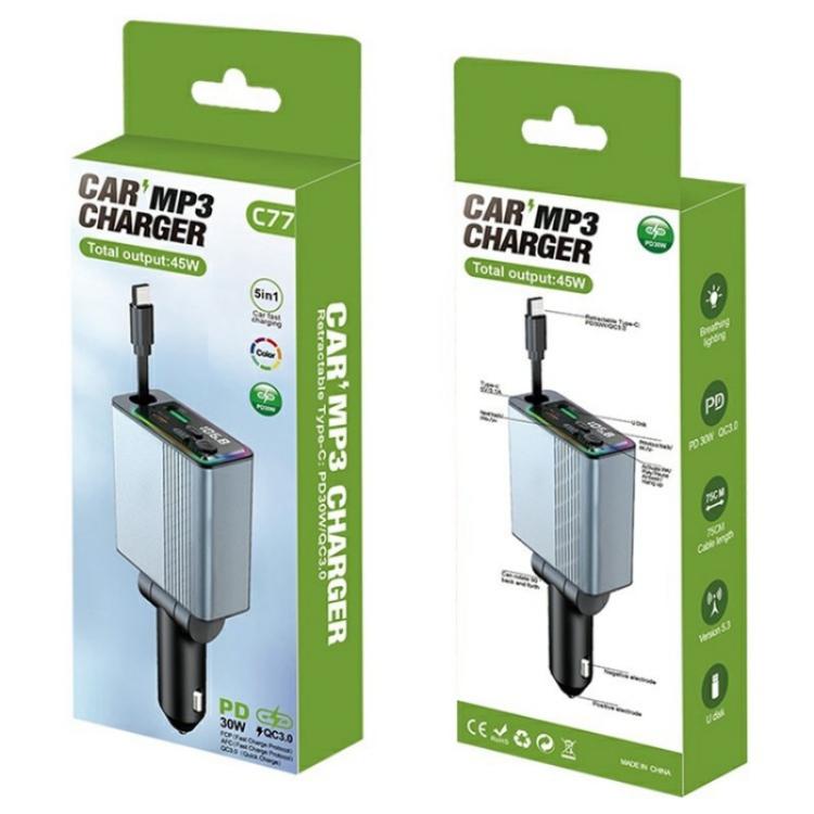 C77 Car Charger FM Transmitter Fast Charging Adapter with PD 30W Extendable Type-C Cable, C77