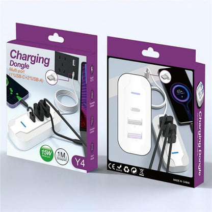 Y4 Car Rear Seat Multi Port Power Expander Type C + Dual USB Fast Charger with Extension Cable, Y4