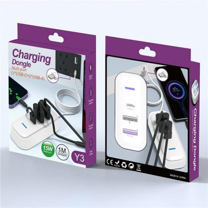 Y3 Car Rear Seat Charger Type-C and Dual USB Fast Charging Adapter with 1m Extension Cable, Y3
