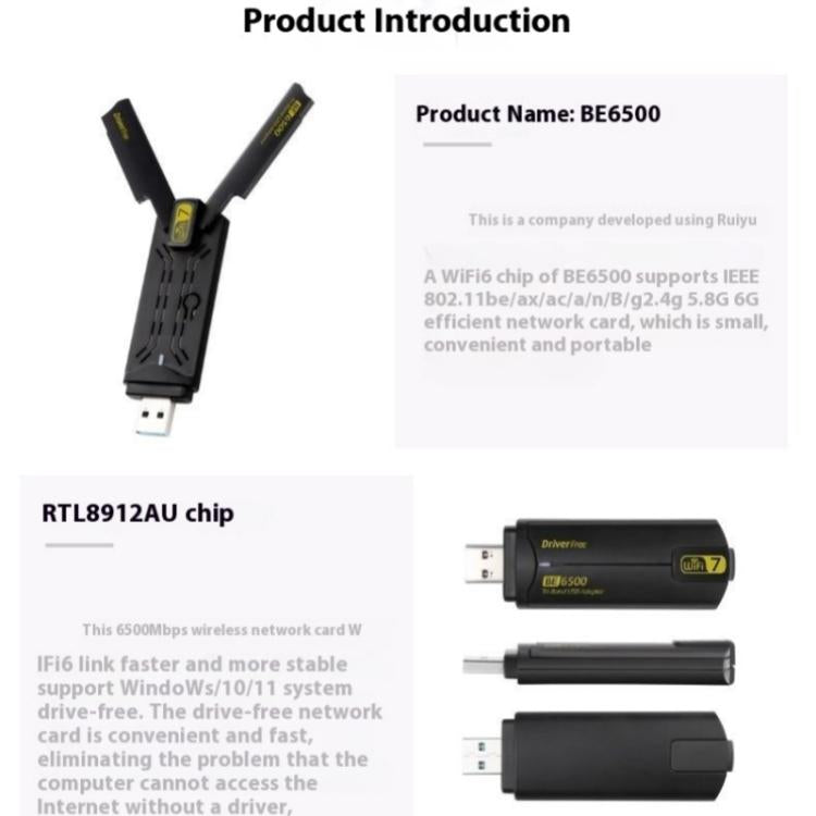 BE6500 Wireless Network Card Driver Free 6500M Tri Band WiFi 7 USB 3.0  Adapter for PC, BE6500