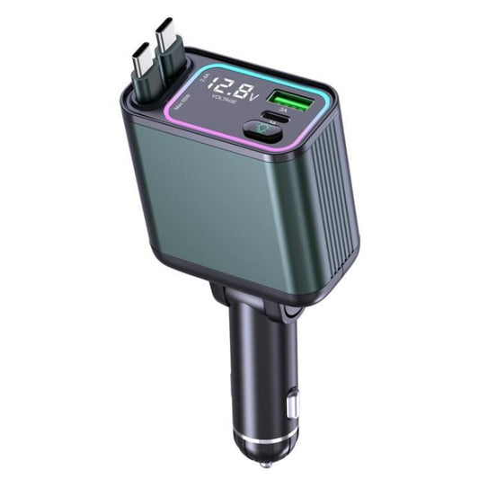 GC08A Dual Type-C Retractable Cables Car Charger Voltage Display Fast Charge Adapter, GC08A