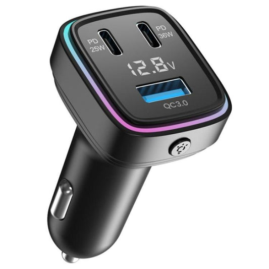 GE13 With Colorful Ambient Light Voltage Display 3-Port Fast Charging Car Charger, GE13