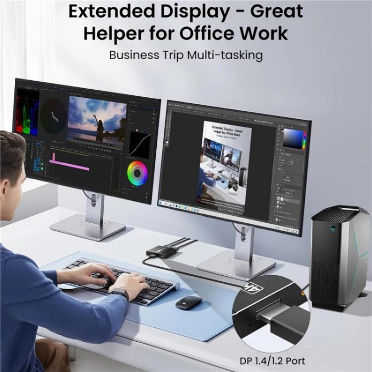 FD 1X2 4K 144HZ Audio Extractor Splitter DisplayPort 1.4 to Dual DisplayPort MST Hub, US Plug