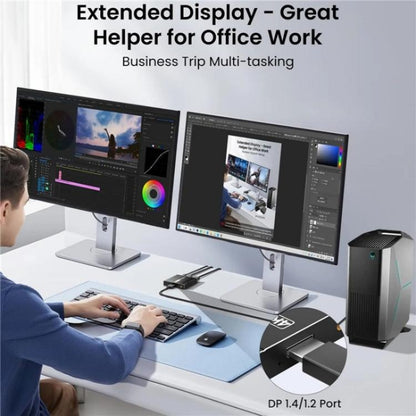 FD 1X2 4K 144HZ Audio Extractor Splitter DisplayPort 1.4 to Dual DisplayPort MST Hub, US Plug
