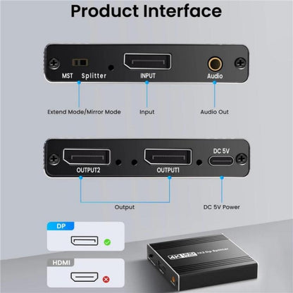 FD 1X2 4K 144HZ Audio Extractor Splitter DisplayPort 1.4 to Dual DisplayPort MST Hub, US Plug