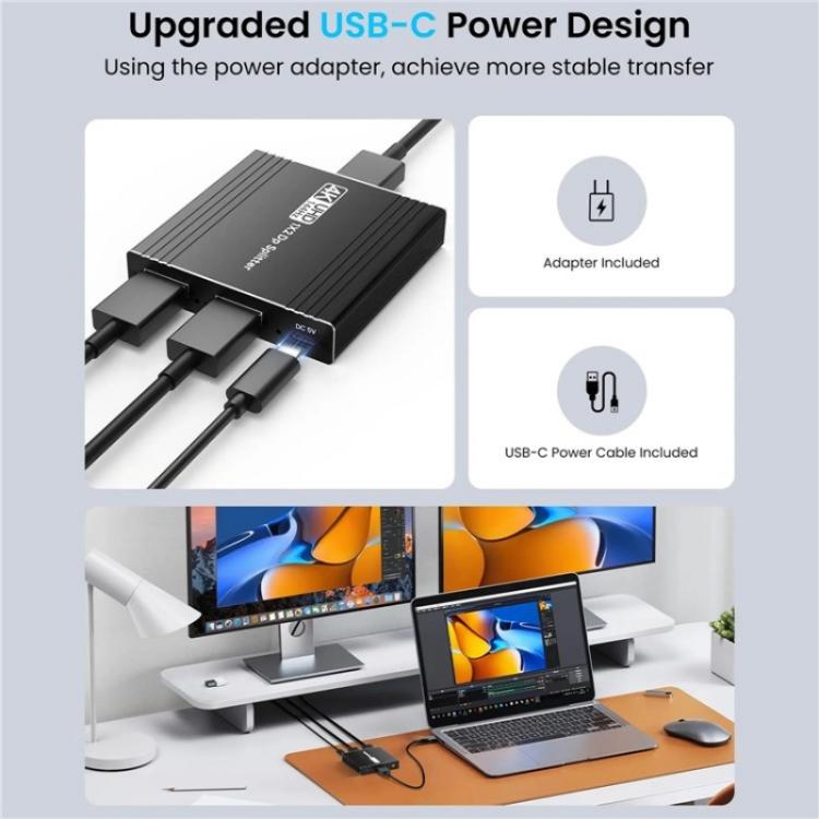 FD 1X2 4K 144HZ Audio Extractor Splitter DisplayPort 1.4 to Dual DisplayPort MST Hub, US Plug