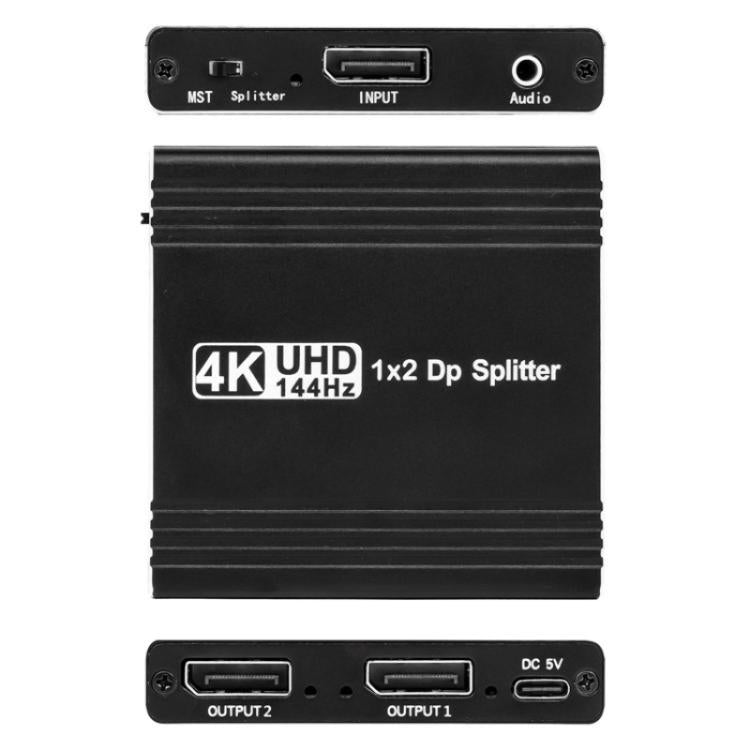 FD 1X2 4K 144HZ Audio Extractor Splitter DisplayPort 1.4 to Dual DisplayPort MST Hub, US Plug